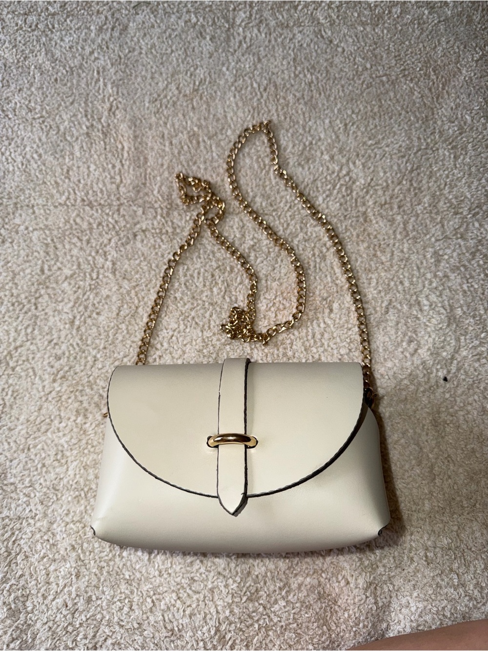 Cream Genuine Leather Crossbody Bag with Gold Chain Strap
